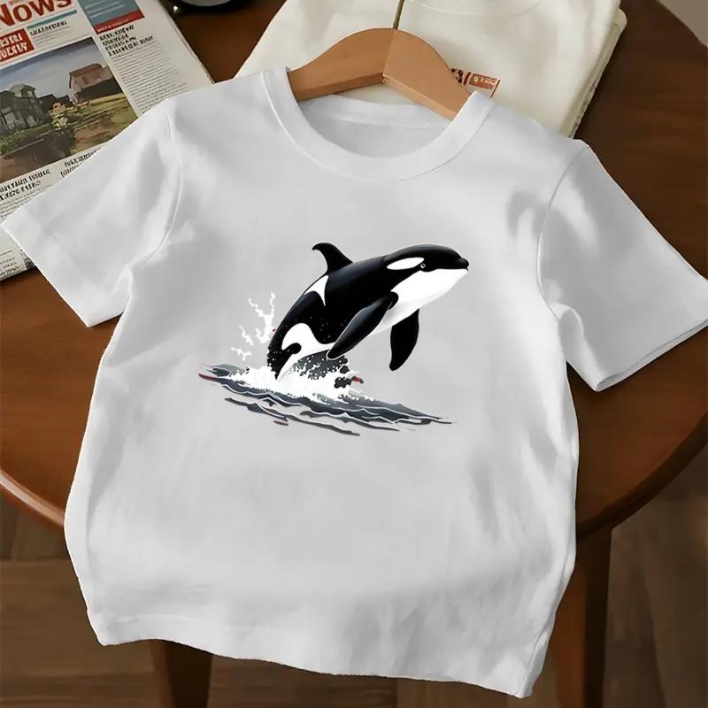 Children Crew Neck Short Sleeve T-Shirt with Whale Print 110 белый