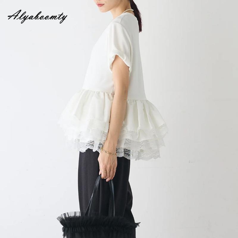 Korean Fashion Sommer Frauen Streetwear Top Kurze O Neck Weiß Schwarz Layered Spitze Rüschen Patchwork T-Shirt Kurzarm Feminine Damen T