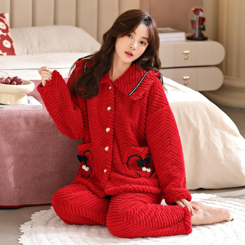 Pajama Women's Autumn/Winter Coral Velvet Set New Women's Flannel and Fleece Thickened Warm Home Wear