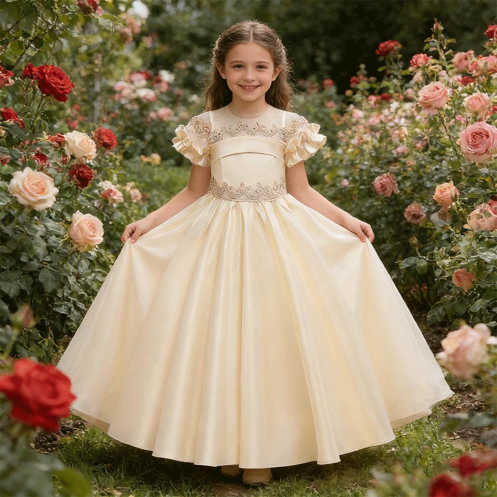 New Princess Satin Train Evening Gown for Girls - Perfect for Little Host or Piano Performance