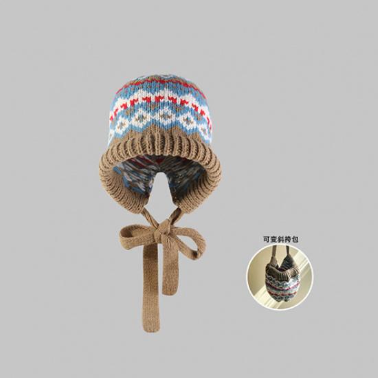 Adjustable vintage jacquard ethnic style women's autumn and winter tie-back ear-protecting knitted warm versatile beanie hat