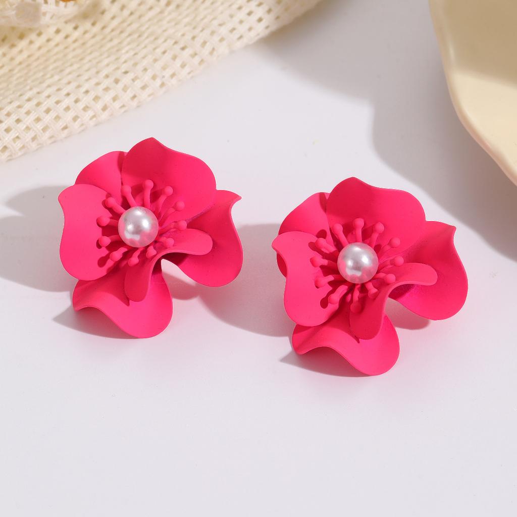 Fashion Trend Versatile Flower Earrings Double Petal Earrings Stems Pearl Color Spray Paint Earrings