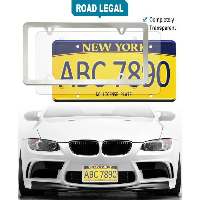 Clear License Plate Frames Covers- 2 Pack Flat Car Tag Protector And Stainless Steel Chrome Holder, Road Legal Unbreakable Acrylic Protective Shield
