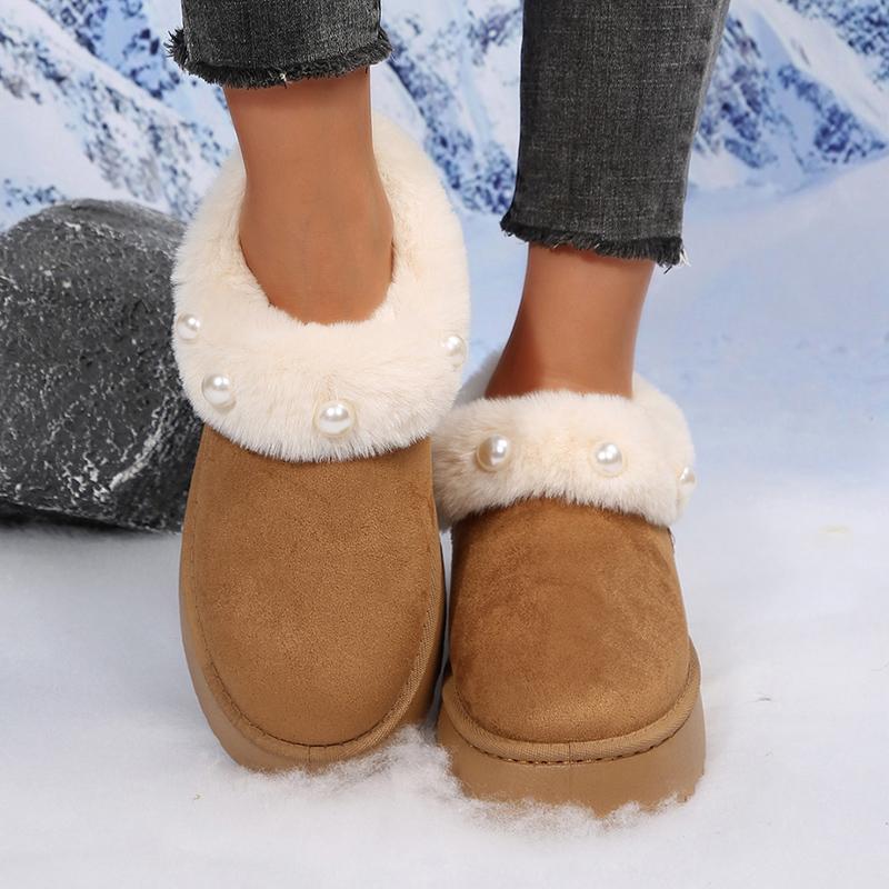 Fluffy Fur Platform Snow Boots Women Fashion Pearls Decor Non Slip Winter Ankle Boots Woman Thicken Plush Warm Cotton Shoes 43