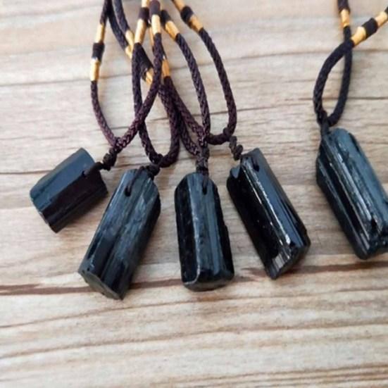 Fashion Black Tourmaline Stone Pendant with Rope Faux Gem Specimen Birthday Gift