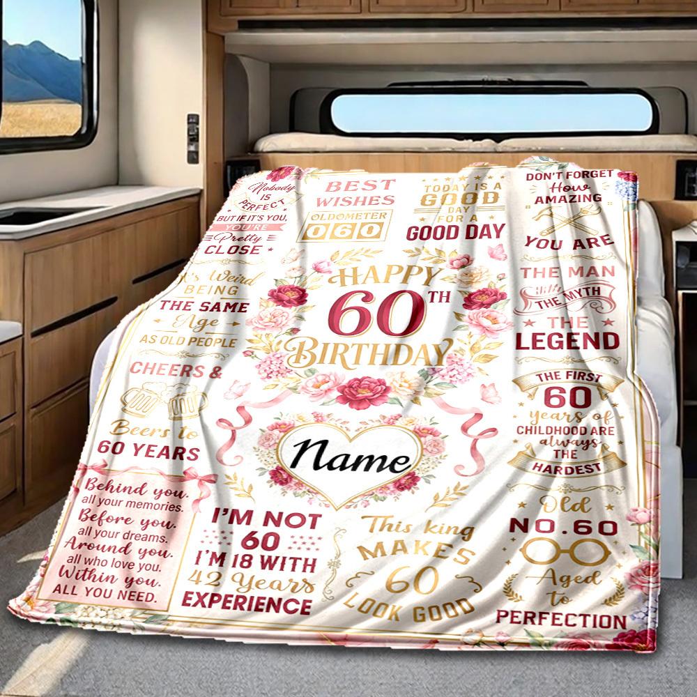 Floral Celebration Milestone 60Th Birthday Blanket Personalized Name Soft Comfortable Stylish Blanket Car Blanket Perfect For Travel Camping Outdoor