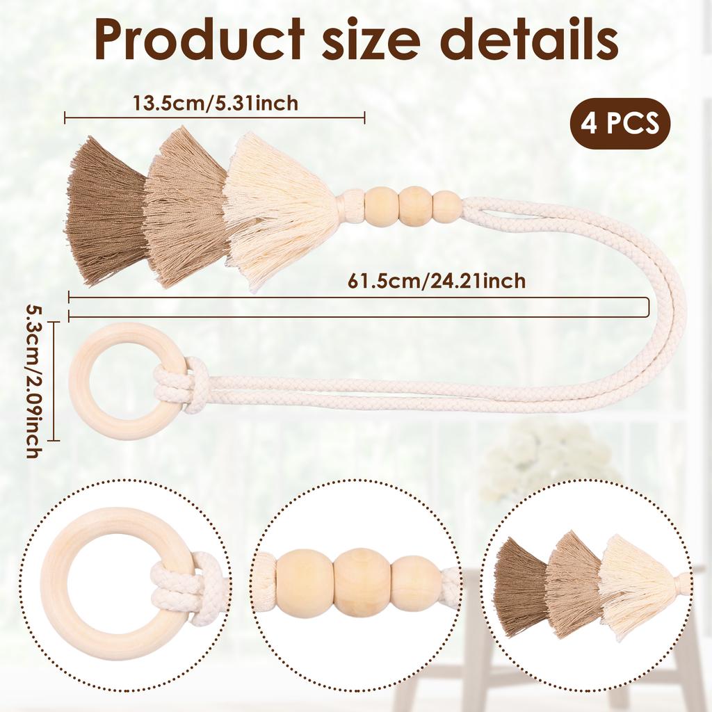 4/6 Pcs Curtain Tiebacks Fringed Wooden Ring Curtain Tieback Bohemian Style Curtains Clasp for Bedrooms Room and Home Decoration