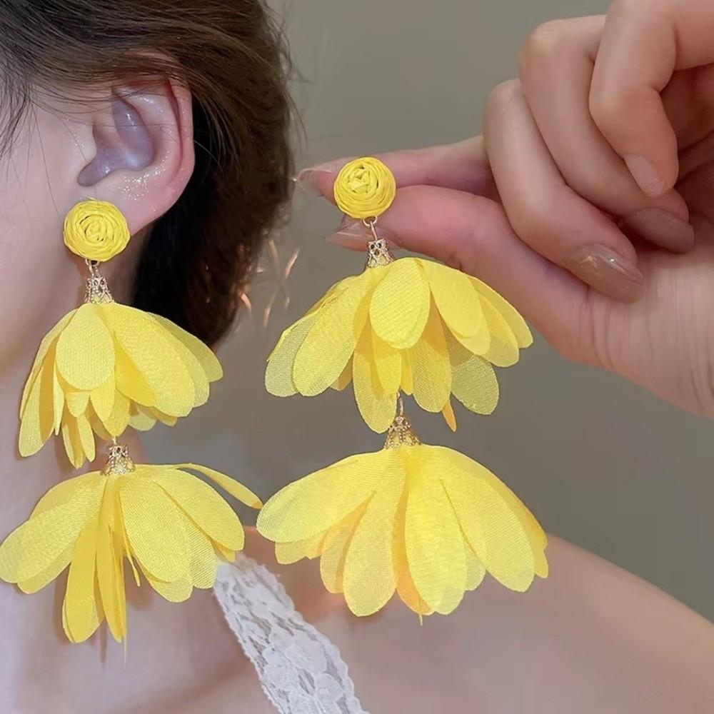 Boho Style Chiffon Flower Earrings Exaggerated Ear Studs Trendy Fabric Tassel Earrings  for Women