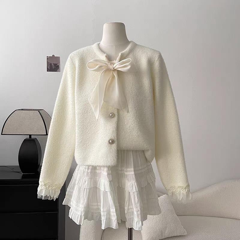 Imitation Mink Fleece Sweater Jacket Spring New Bow Splicing Lace Knitted Cardigan Women