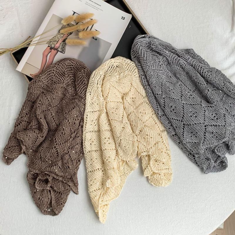 Ladies Knitted Ice Silk Shawl Summer Lightweight Hollow Out Design Fashionable Sequin Shoulder Cover Head Over Shoulder Wrap