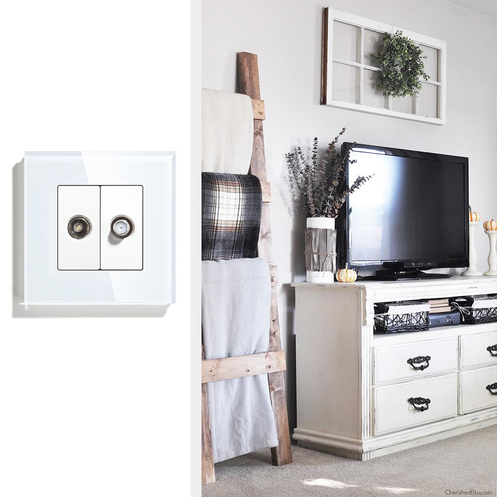 BSEED TV Satellite Wall Socket With Crystal Glass Panel White Black Gold EU Standard 86mm DIY Part For Home Improvement