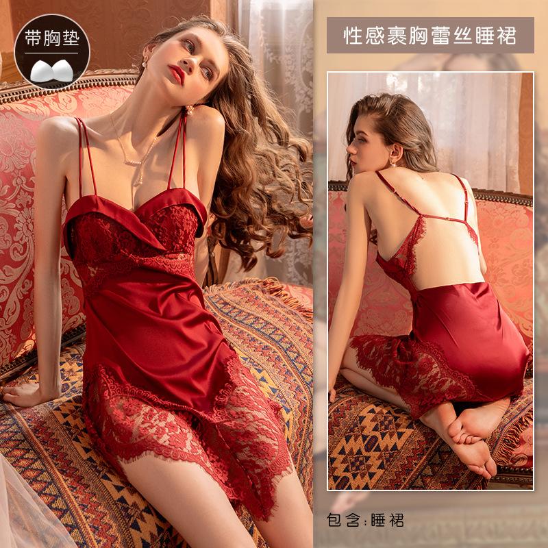 Sexy pajamas women's summer new ice silk suspenders pure desire temptation lace sleeveless pajamas high-end loungewear