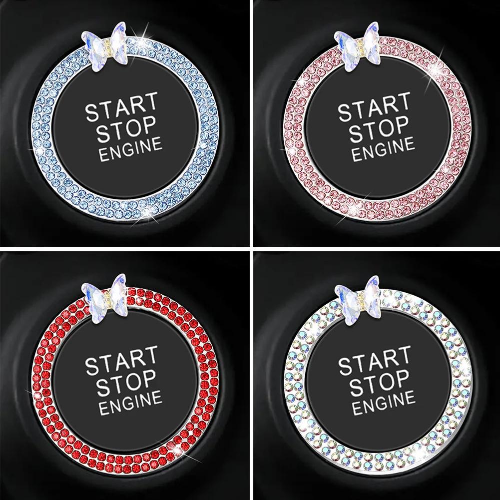 Rhinestone Crystal Butterfly Ring Car Ignition Button Decorative Cover Anti-Corrosion Easy To Install Car Accessories Interior