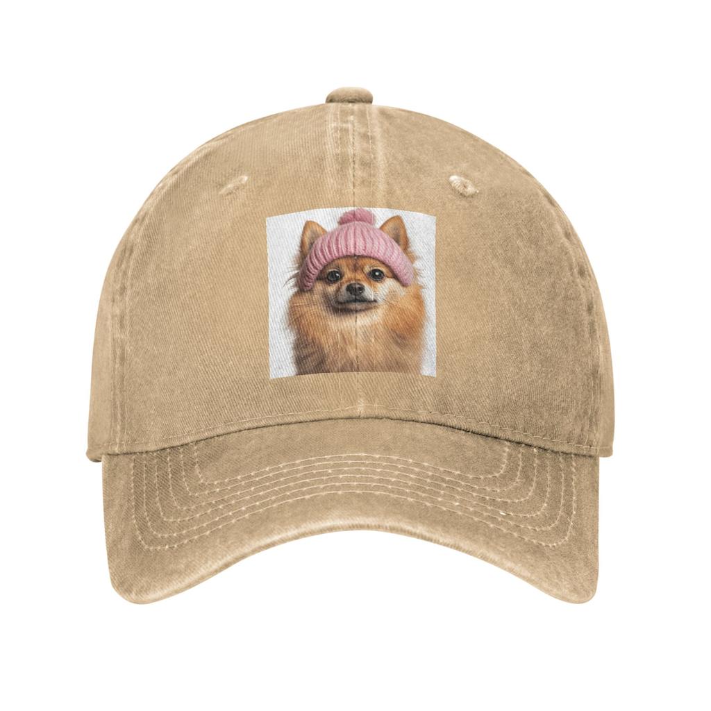 Cozy Pomeranian Dog Wearing Pink Winter Hat Trendy Animal Denim Fabric Cap Baseball Caps Adjustable Hat Unisex Baseball Hats