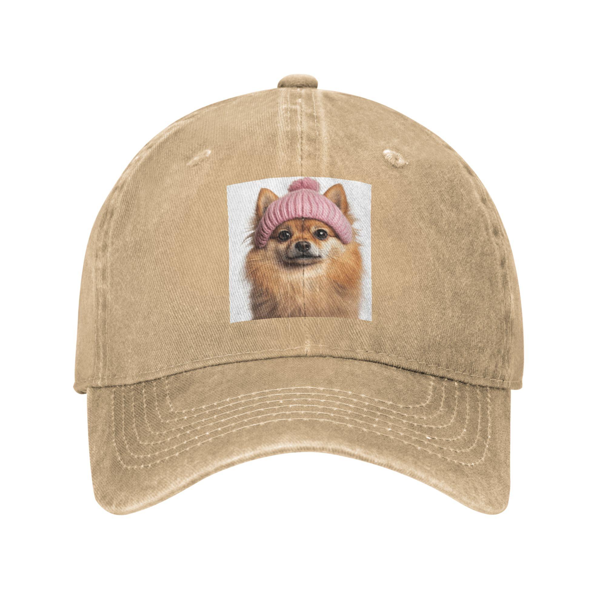 

Cozy Pomeranian dog Wearing Pink Winter Hat Trendy Animal Denim Fabric Cap Baseball Caps Adjustable Hat Unisex Baseball Hats One Size