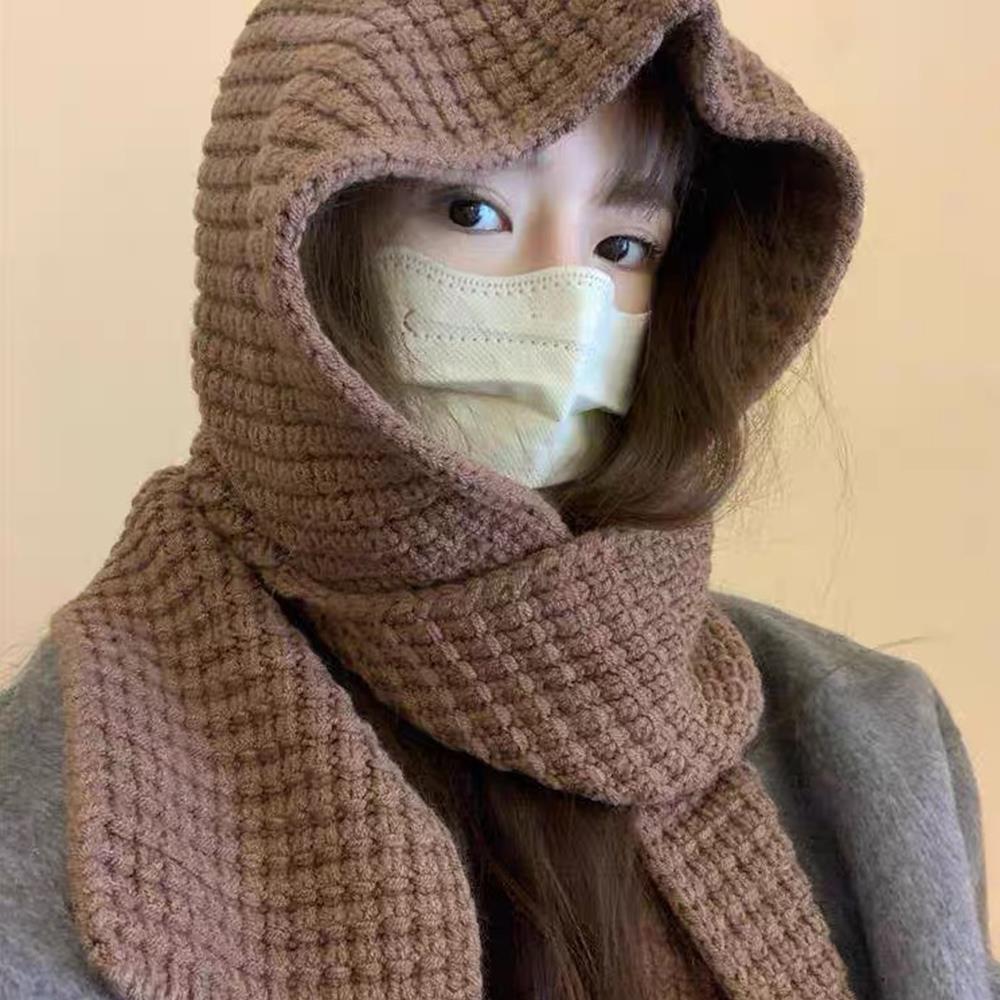 Knitted Hooded Caps Outdoor Hooded Scarf Winter Balaclava Hats Thicken Autumn Winter Neck Protector Headgear Solid Knit Beanies