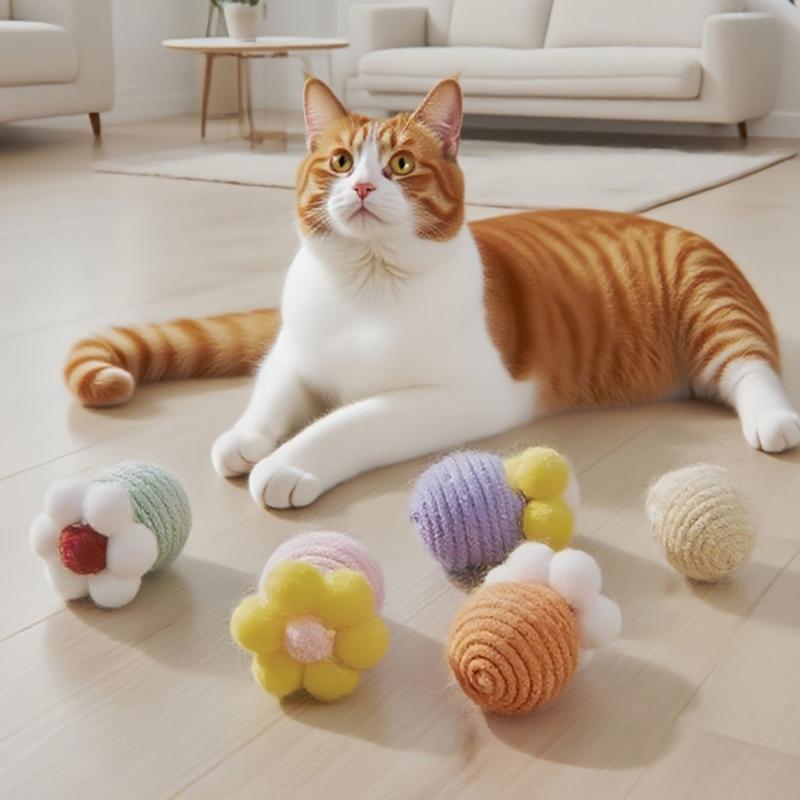 6PCS Linen Cotton Cats Teasing Toy with Flower Design and Soundable Bells for Safe Pet Entertainment Enrichement Toy