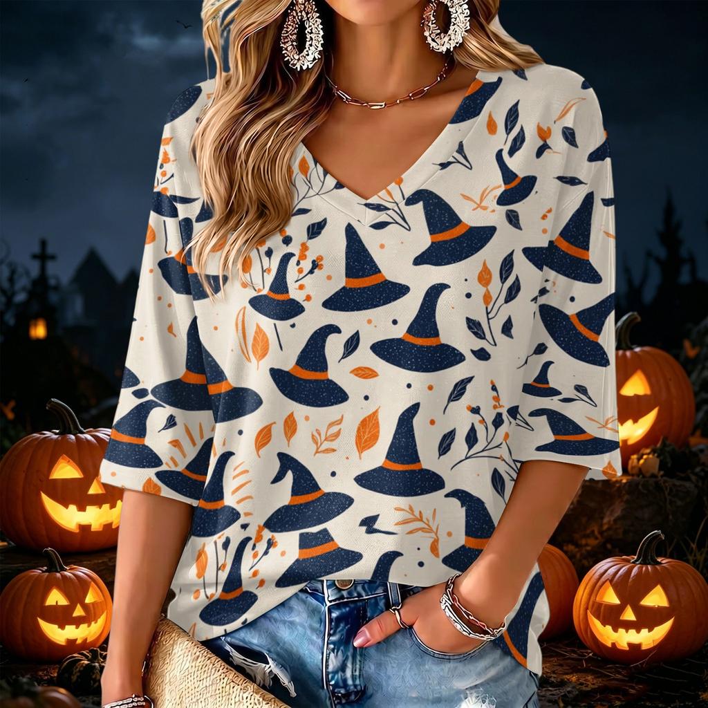 Women's V-Neck Halloween Print Lightweight Blouse for Spring and Summer