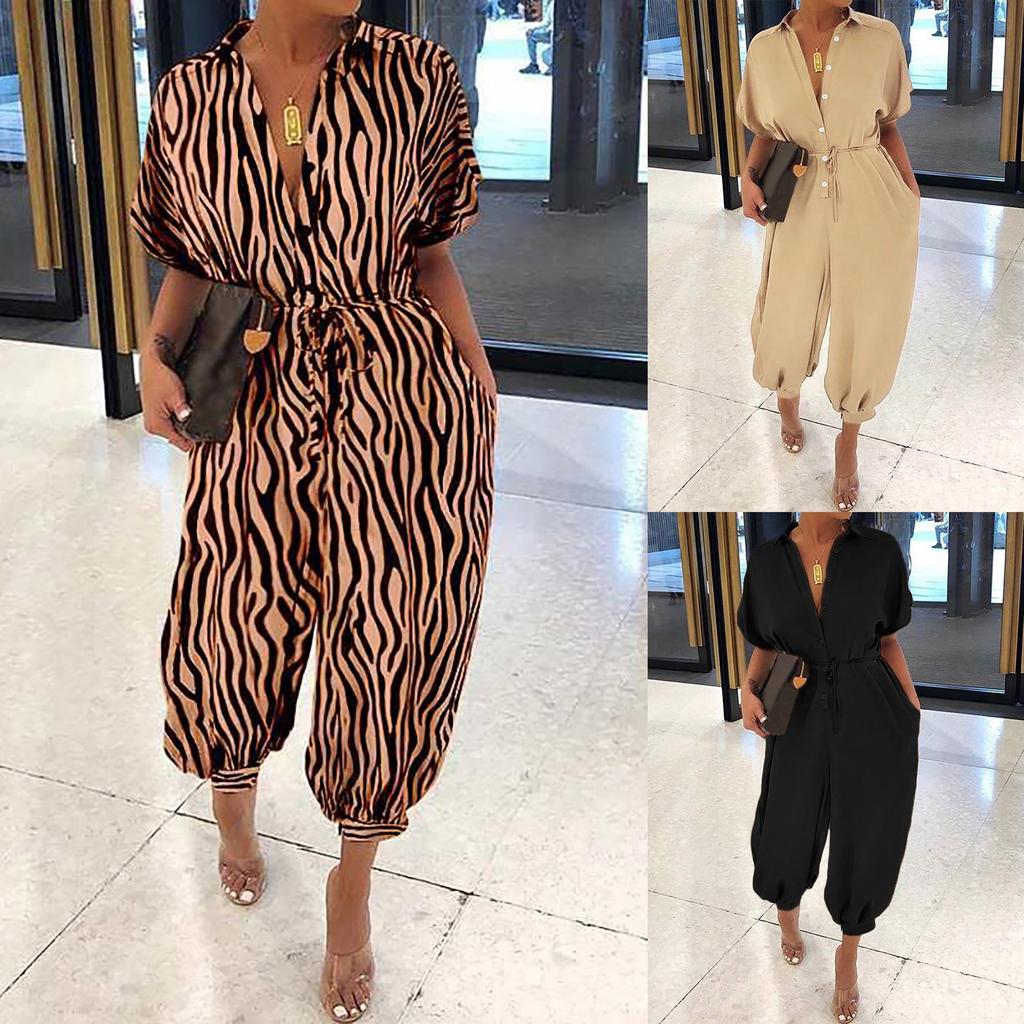 Leopard Jumpsuit Female Retro Female Short-Sleeved Button Casual Pants Loose