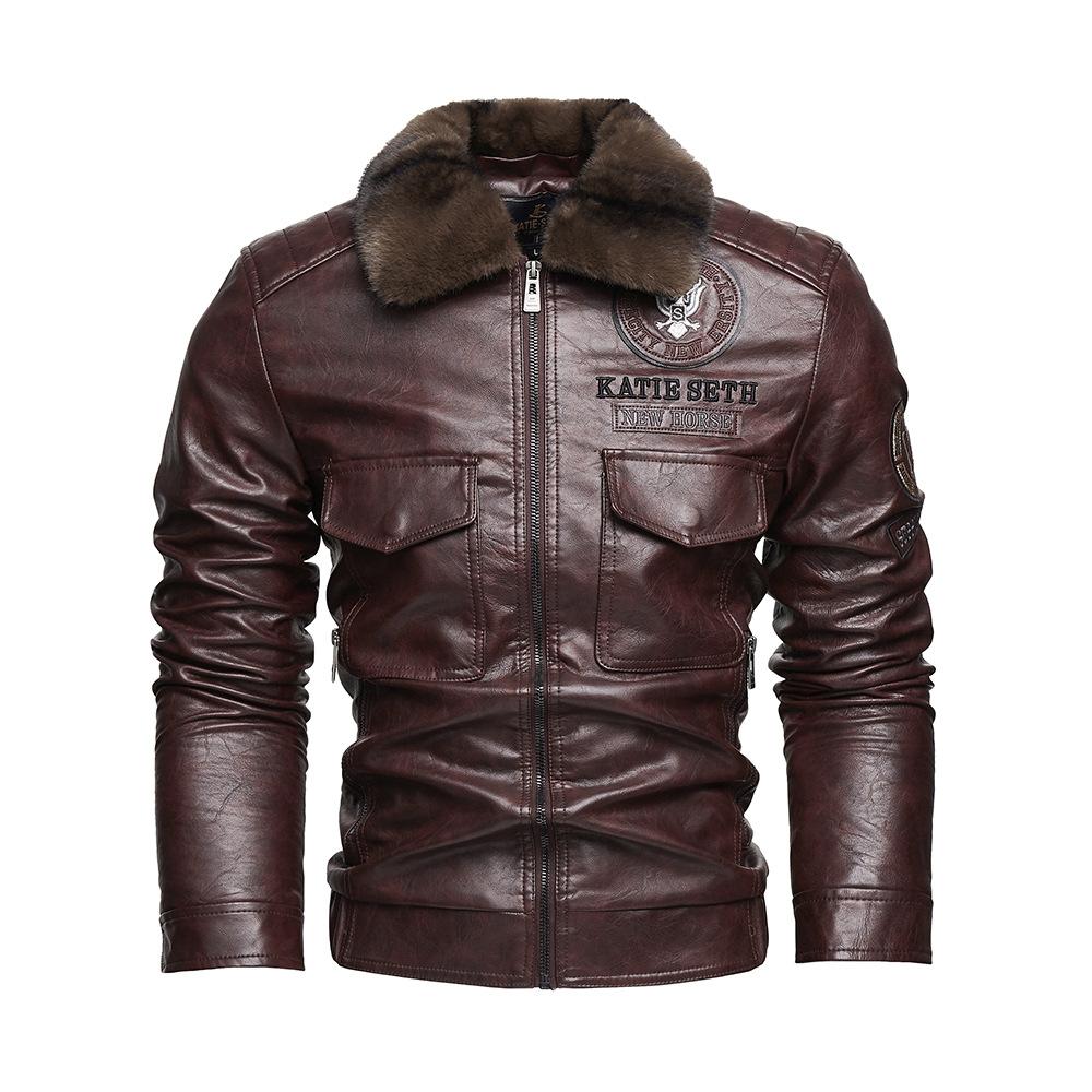 European and American Men's Leather Jacket with A Collar for Warmth and Plus Size Motorcycle Men's Jacket