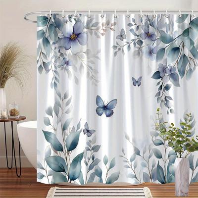 1pc Blue Lavender Floral and Butterfly Shower Curtain - with Soft Petals and Translucent Butterflies, Polyester Fabric with Hook