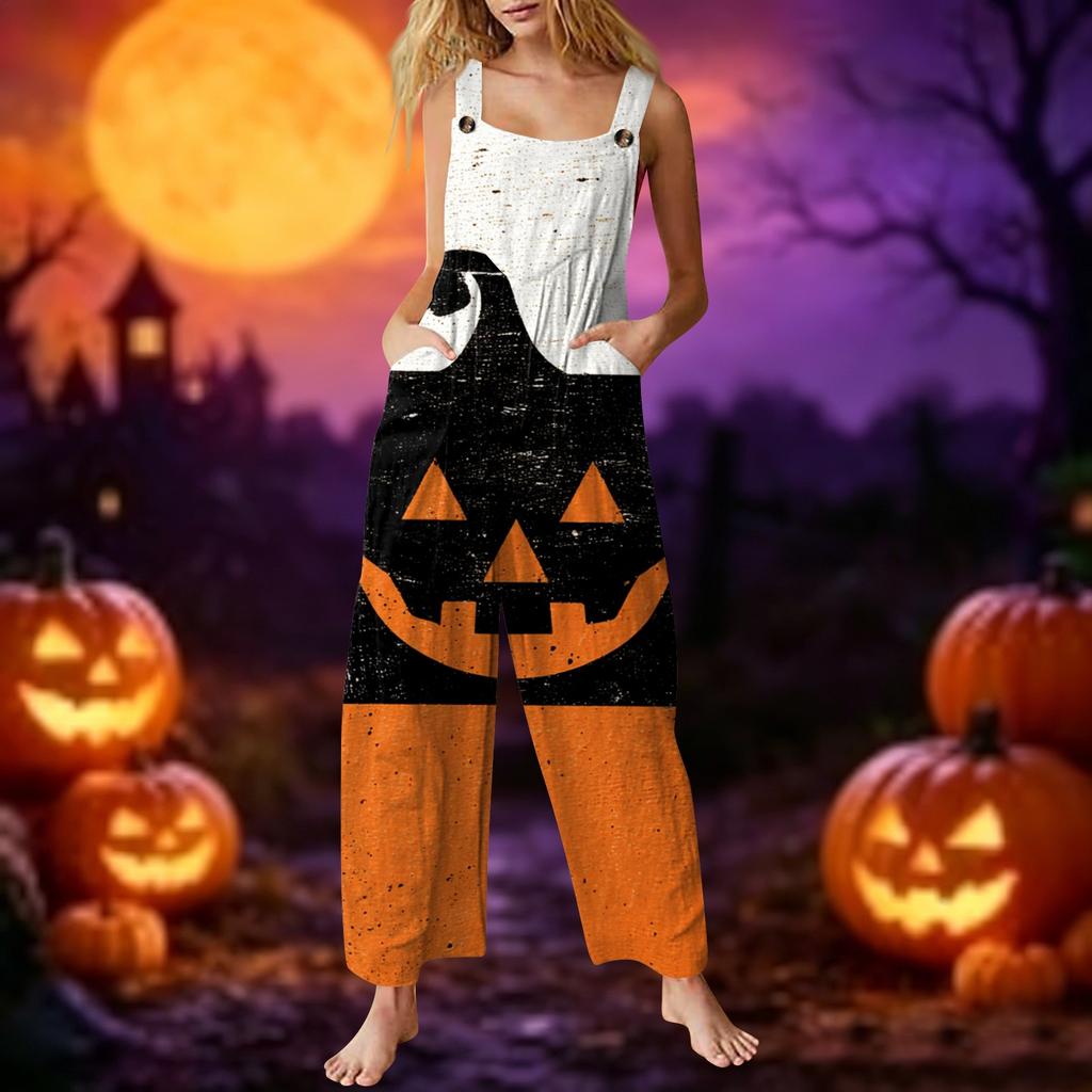 Women's Sleeveless Jumpsuit Cotton Halloween Ghost Print Casual Loose Fit Overall Pants with Pockets Adjustable Straps