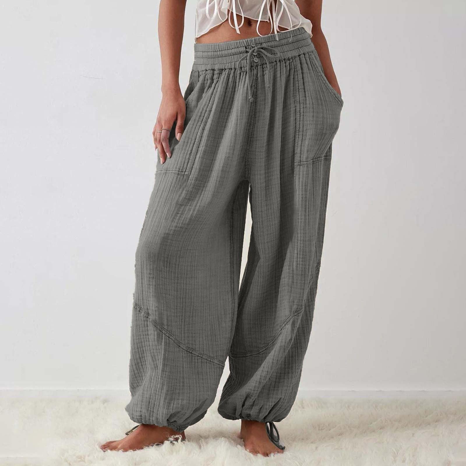 

Women s Fashion Loose Color Drawstring Elastic Waist Pocket Casual Pants L
