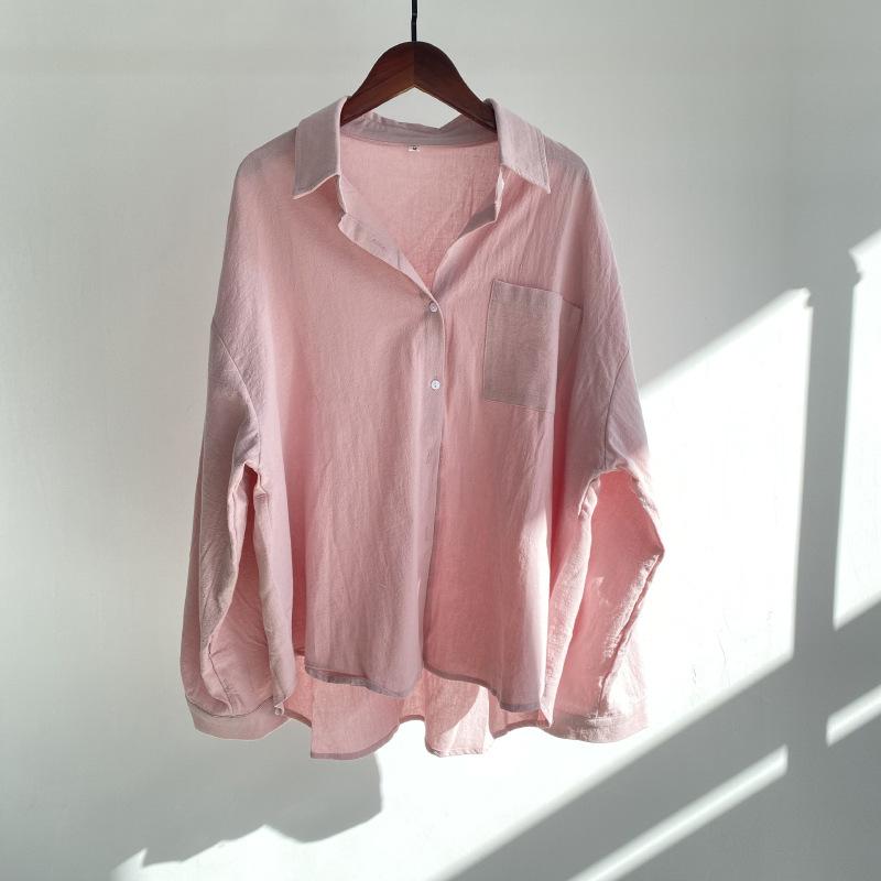 Womens Pink Solid Color Loose Shirt Casual Lapel Button Down Blouse With Pocket S розовый
