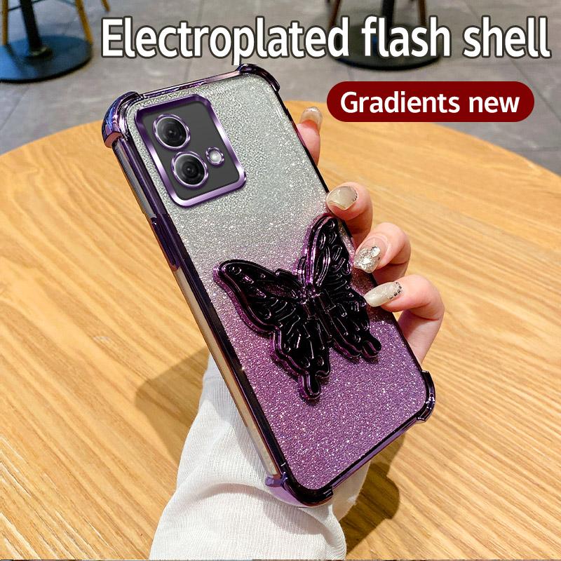 Luxury Plating Shockproof Butterfly Holder Phone Case For Motorola Moto G84 G54 G82 5G G52 G71S G10 G20 G30 Glitter Soft Cover
