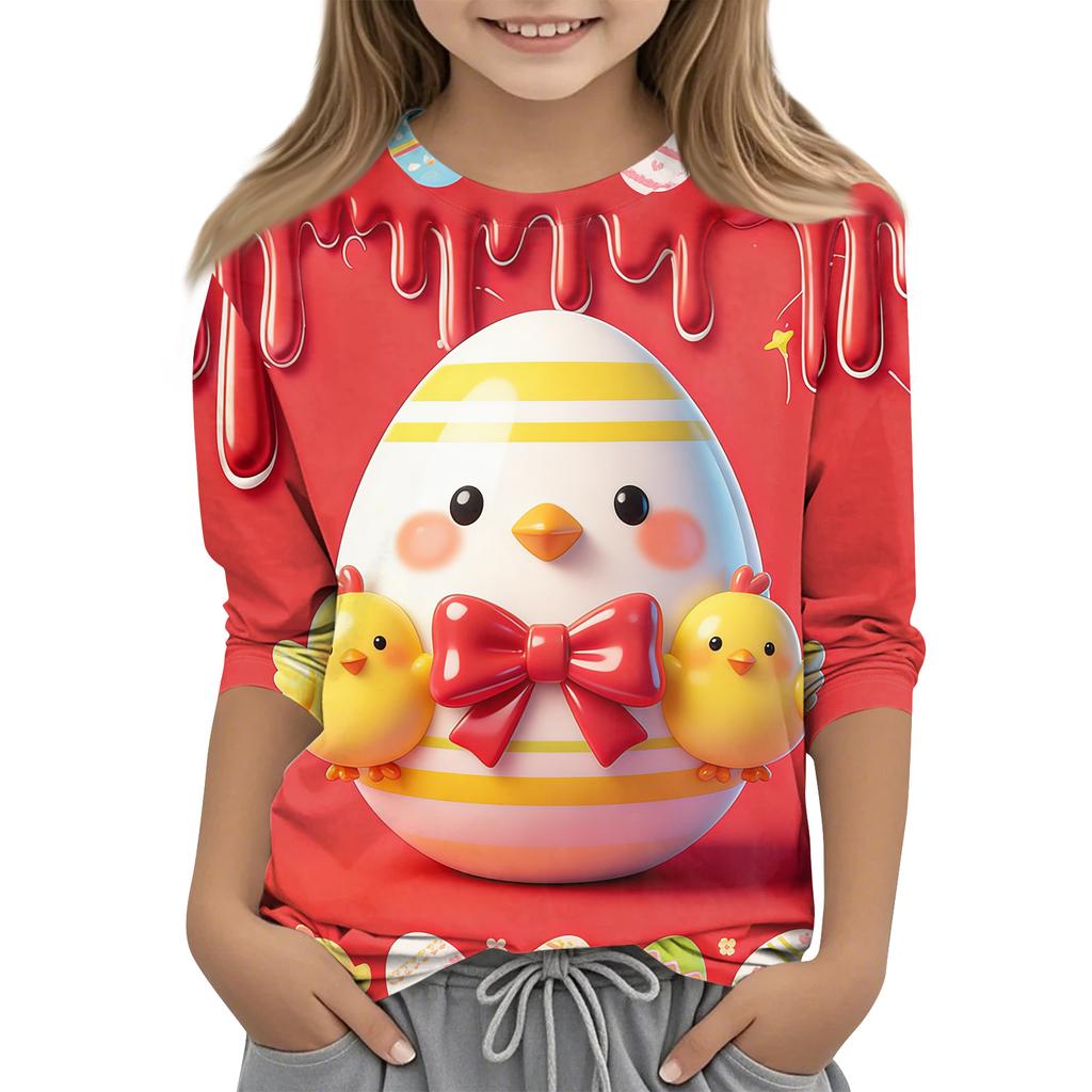 Children's Seven Quarter Sleeve Easter Print Round Neck Print Casual Top