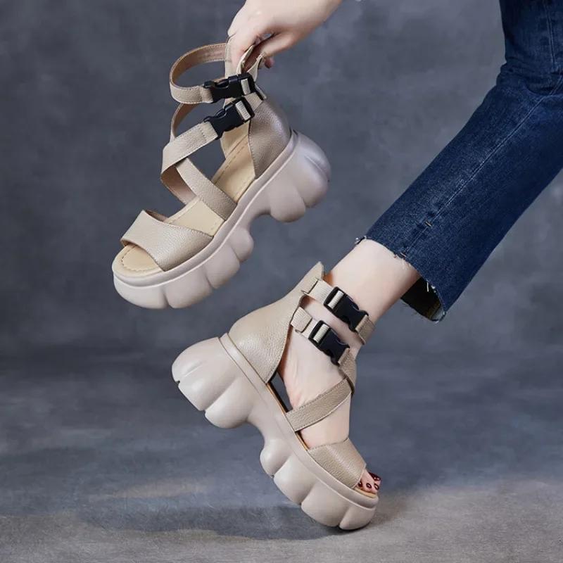 2023 New Summer Fashion Shoes Women Sandals Retro Genuine Leather Women Wedges Platform Sandals Peep Toe High Heel Sandals Black