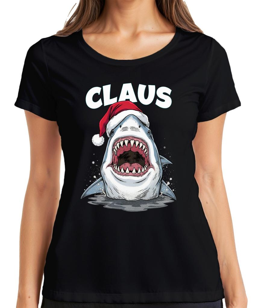 CLAUS Christmas Shark Santa Hat Shark Movie Parody Ladies T-Shirt