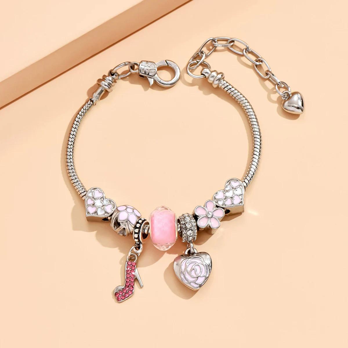 

Розовый Цветок и Сердце из Роз Шарм-браслет