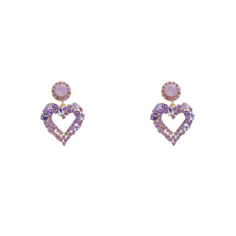 Exquisite 925 Silver Purple Heart Stud Earrings with Elegant Stone Design for Women