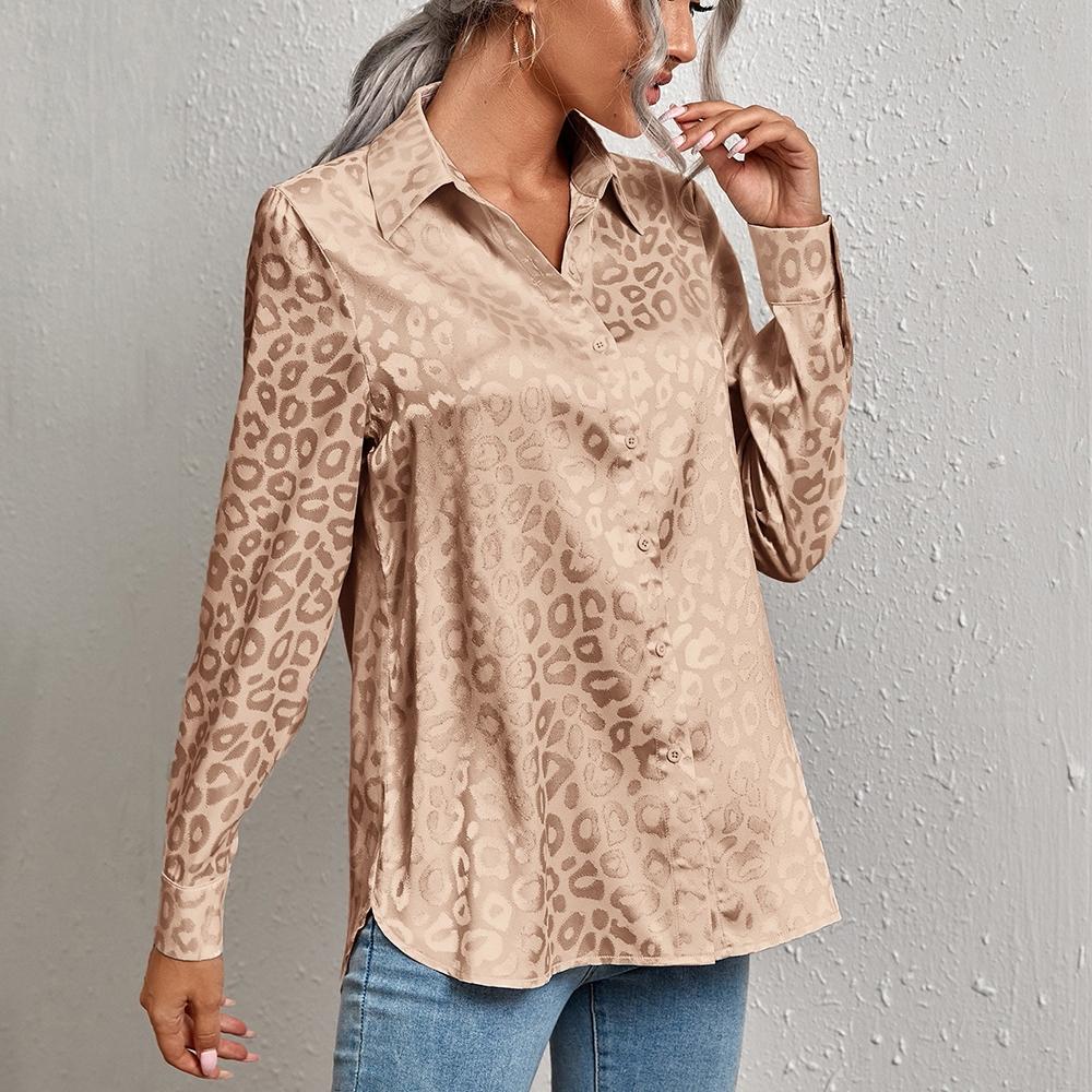 QICED Women's Spring Summer Lapel Open Button Leopard Print Jacquard Shirt Temperament Commuter Long Sleeve Shirt