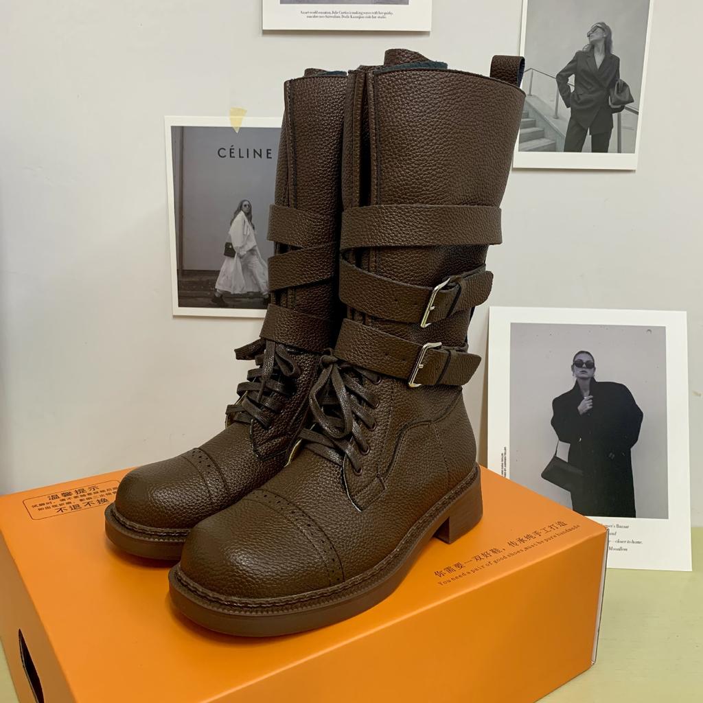 Cowhide Niche Leather Retro Mid-range Western Boots Women's Thick Heel Handsome Locomotive Boots Martin Boots Slim Knight Boots