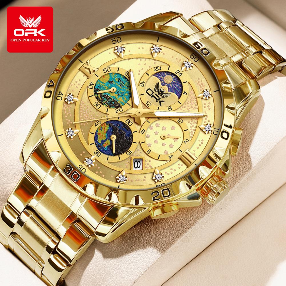 OPK Moon Phase Men's Watches Multi-function Timing Stainleess Steel Luminous Waterproof Watch for Man