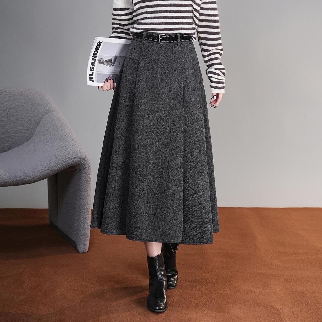 2025 Winter High-Waisted Wool A-line Skirt - Drapey, Slimming, Mid-length, Pleated, Wide-hem Design.