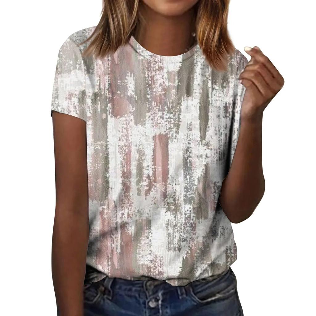 Women's Fashion Casual Retro Textured Printed Round Neck Short Sleeve T-Shirt Top Women's Clothing Sale Women's Luxury Tops Mark