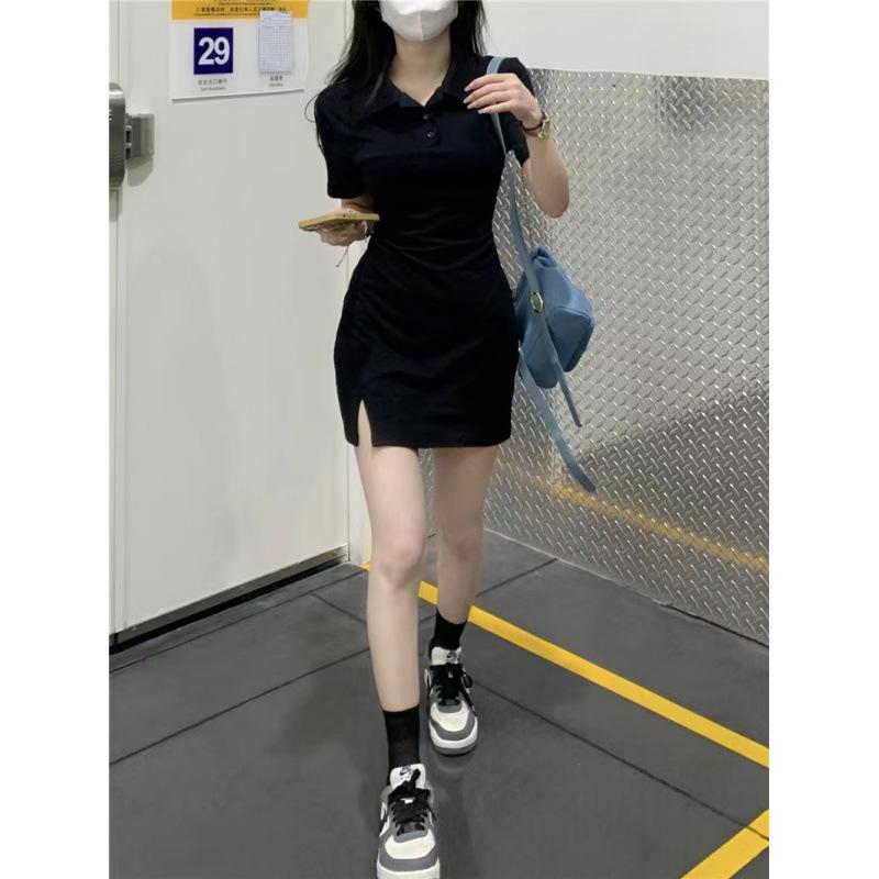 Pure Desire Gray POLO Neck Dress Women's Summer New Slim and Thin Spice Girl Split Hip Wrap Short Skirt