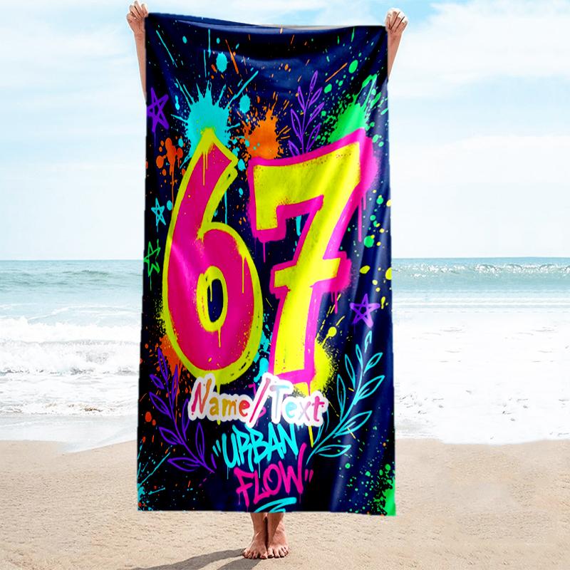 1PC Custom Name Urban Flow 67th Birthday Beach Towel Highly Absorbent And Sand-Resistant Towel for Swimming, Pool, Yoga, And Travel Lightweight