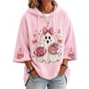 Women's Casual Printed Hooded Pullover Top with Three-Quarter Sleeves and Ribbon