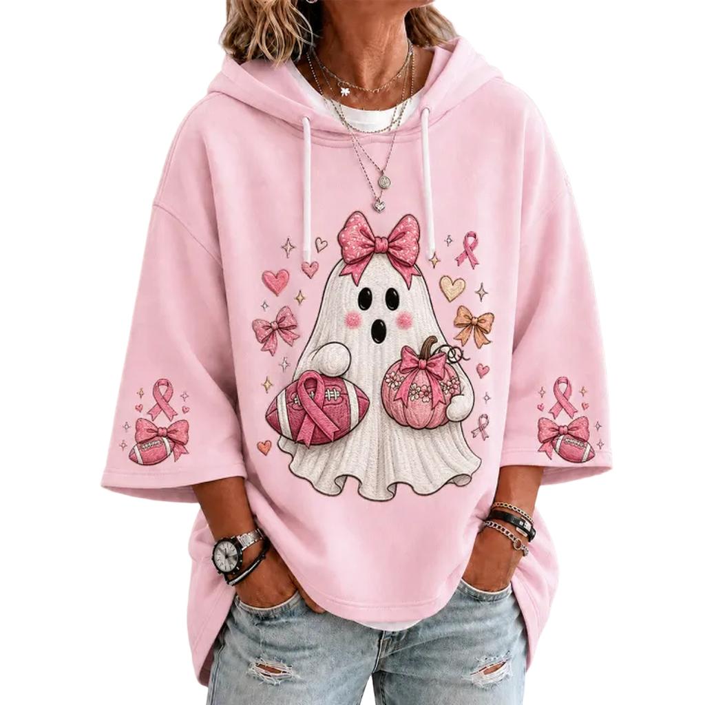 Women's Casual Printed Hooded Pullover Top with Three-Quarter Sleeves and Ribbon
