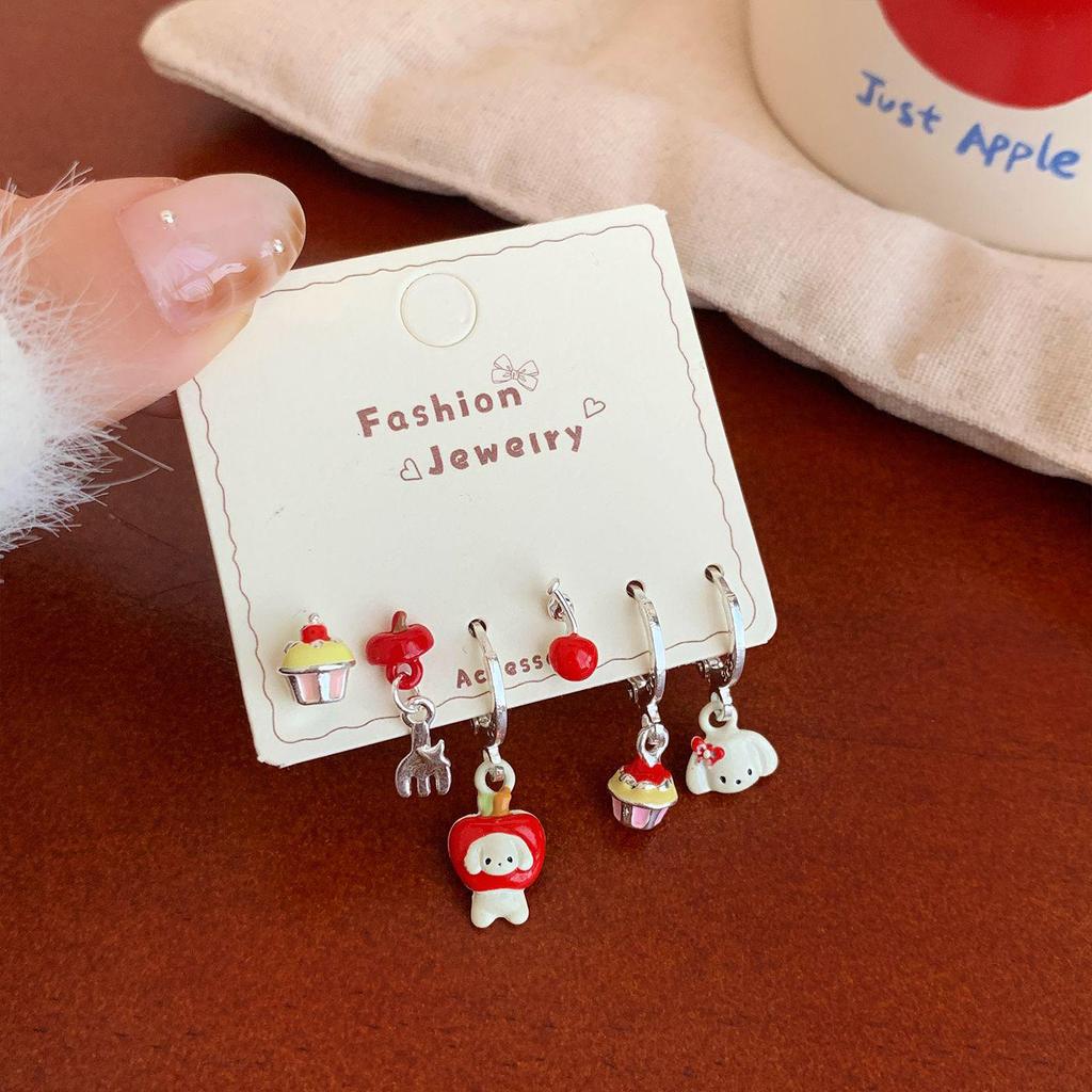 Christmas Red Apple & Cherry Stud Earrings - Women's Silver Needle Autumn/Winter Fruit Jewelry Set