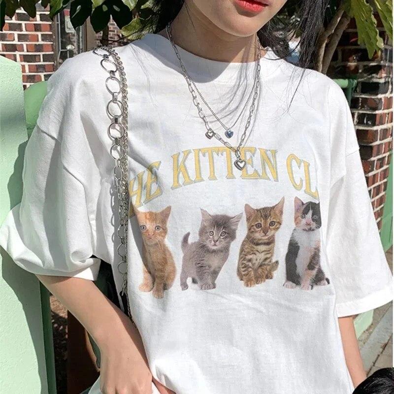 

Sunfiz Kawaii The Kitten Club женская футболка уличная белая хлопковая футболка с коротким рукавом Femme оверсайз с графическим рисунком милые топы в стиле гранж 4XL