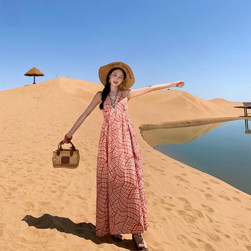 Bohemian Red Plaid Sleeveless Maxi Dress Women Beach Vacation Loose A-Line Strap