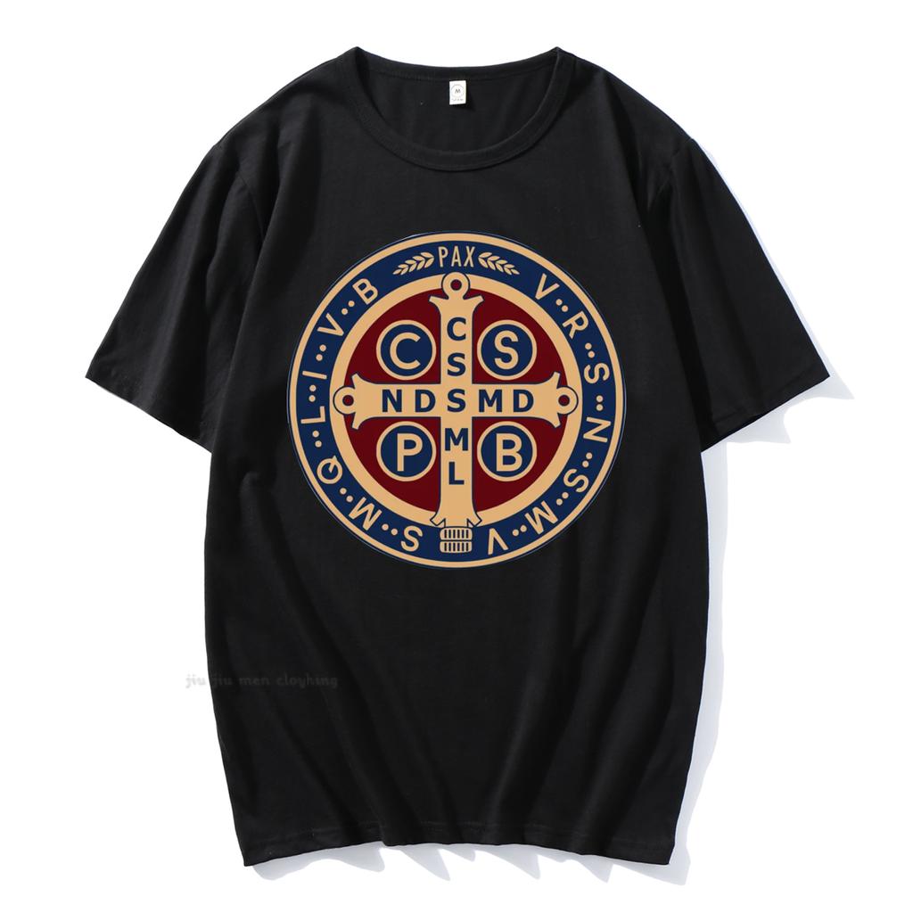 The Saint Benedict Medal Catholic Pullover T-Shirt Camisas Men Women Casual Printed Cotton T Shirt Vintage Harajuku  Oversized T