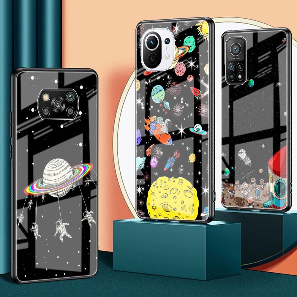 Glass Case For Xiaomi Poco X3 NFC 11 Lite 11T F3 M3 For Redmi Note 11 10 9 8 Pro 10S 9S 9A 9C Phone Cover Astronaut Spaceship