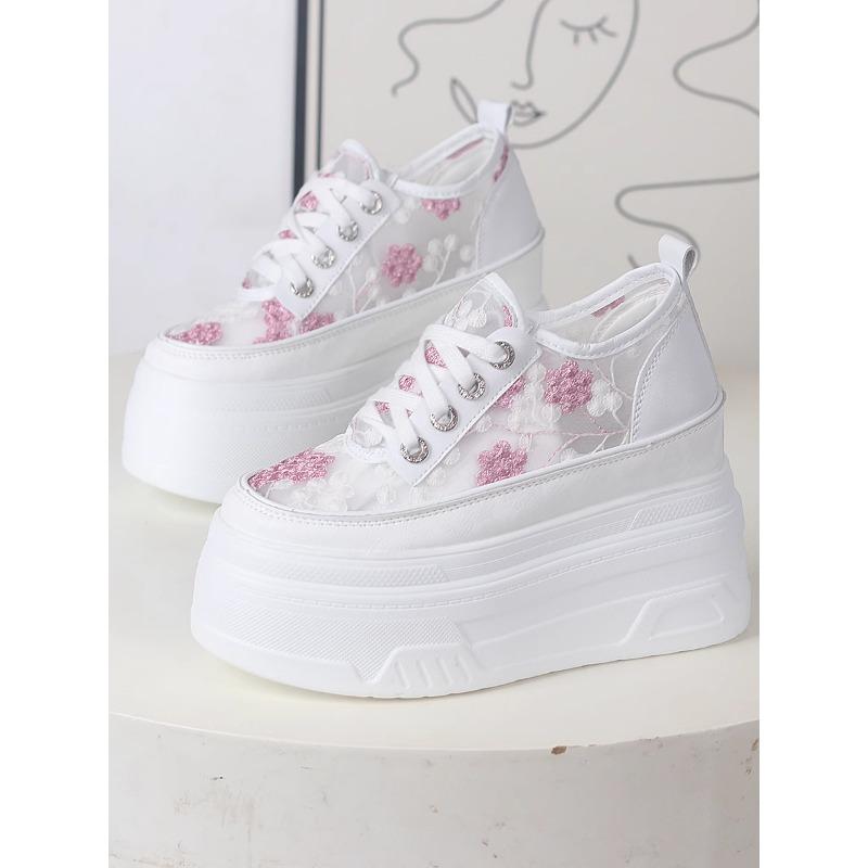 Fashion 12CM Air Mesh Microfiber Leather Summer Platform Vulcanize Women Chunky Sneaker Vulcanize Summer High Brand Comfy Shoes