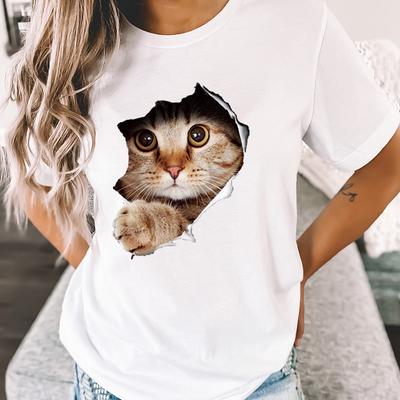 Camisetas Divertidas con Estampado de Gatos Lindos para Mujer, Camisetas Casuales de Verano de Manga Corta, Tops de Cuello Redondo